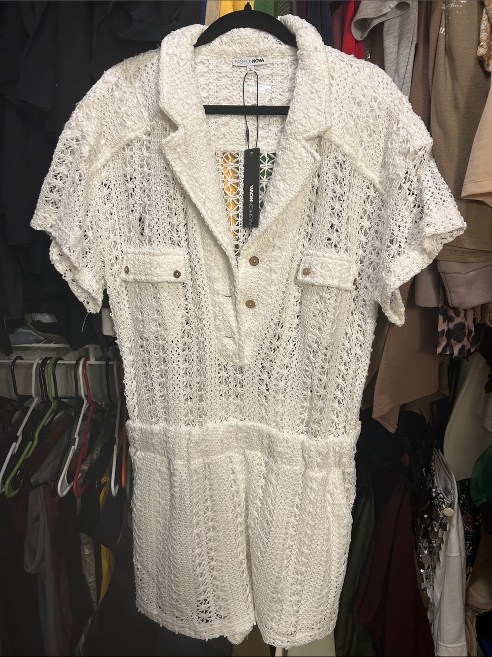 Fashion Nova White Crochet Knit Short Romper